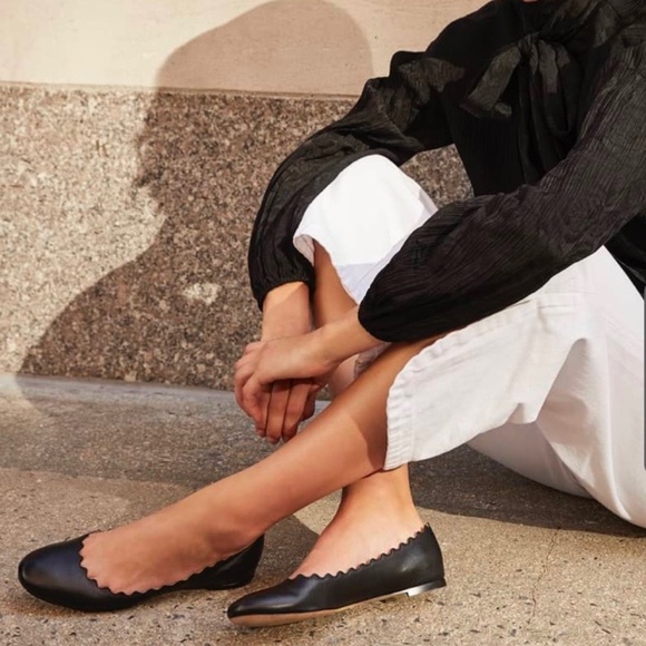 Chloe Lauren Black Leather Scalloped Flats 37/7 - Picture 1 of 9